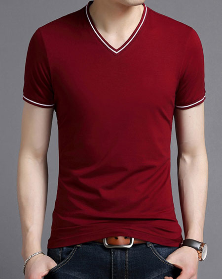 紅色空白V領T恤定制款式模板圖片2