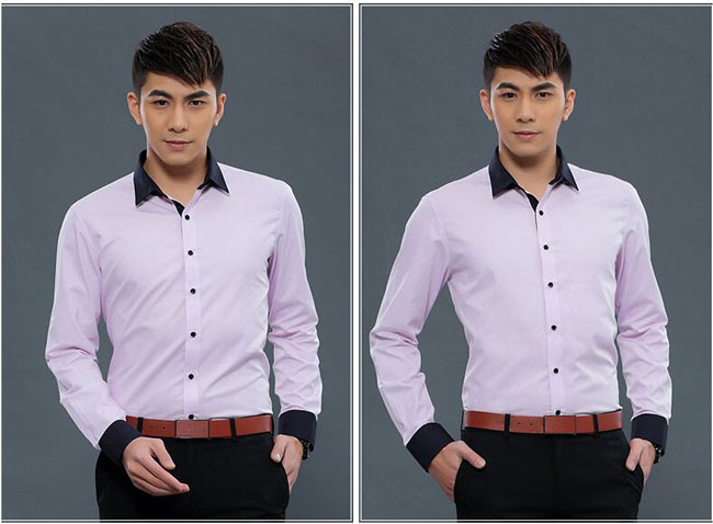 紫色黑領修身版襯衫定做正面款式圖片