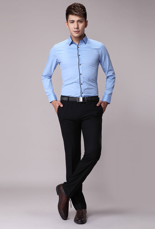 淺藍嵌黑邊款訂做職業裝男襯衫款式模特效果圖