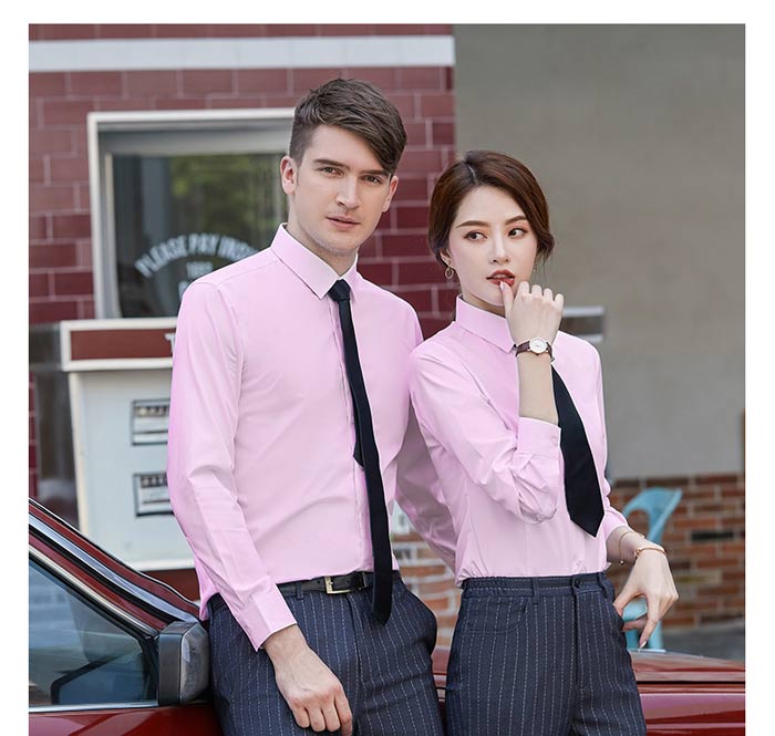 時尚粉色職長袖職業襯衫定制男女款式模特展示圖
